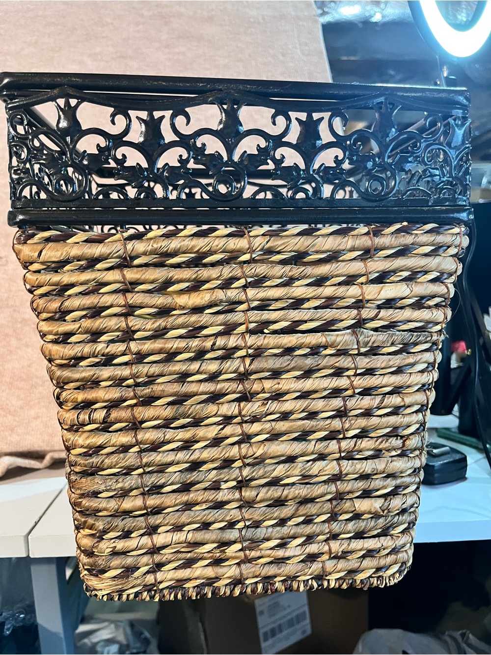 Woven Seagrass Storage Basket with Decorative Black Metal Rim